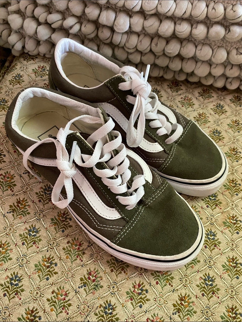 90s Low Top Vans in Old School Olive Green and White Lace Sneakers